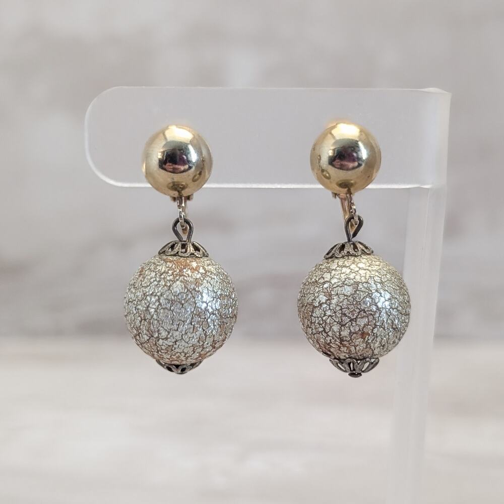 Vintage Clip On Earrings Large Dangle Drop Crackled Effect Ball Gold Tone